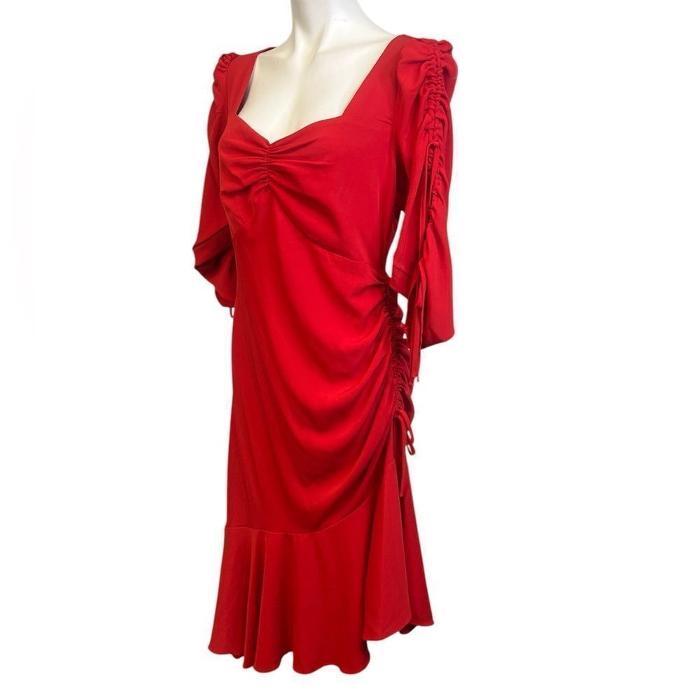 RODARTE X UNIVERSAL STANDARD dress Sz XS Red Ruched Tie Sleeve Ruffle midi - Picture 3 of 6